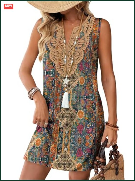 Dresses & Skirts - Casual V-Neck Sleeveless Boho Mini Dress with Pockets Floral Summer Travel